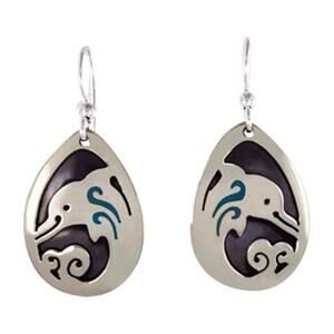 Far Fetched Happy Dolphin Dangle Earrings Silver Plated Blue Enamel